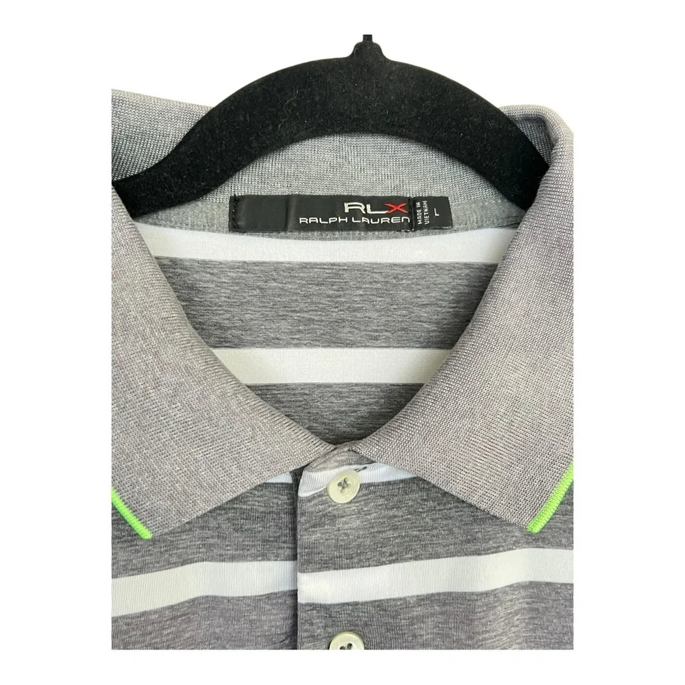 RLX Ralph Lauren Men’s Golf Polo Shirt Striped Grey Neon Green Performance Large